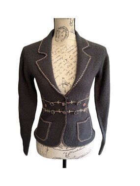 Lucidity Wool Blazer Grey Floral Embroidered Snap Button Pockets Boho Fairy S
